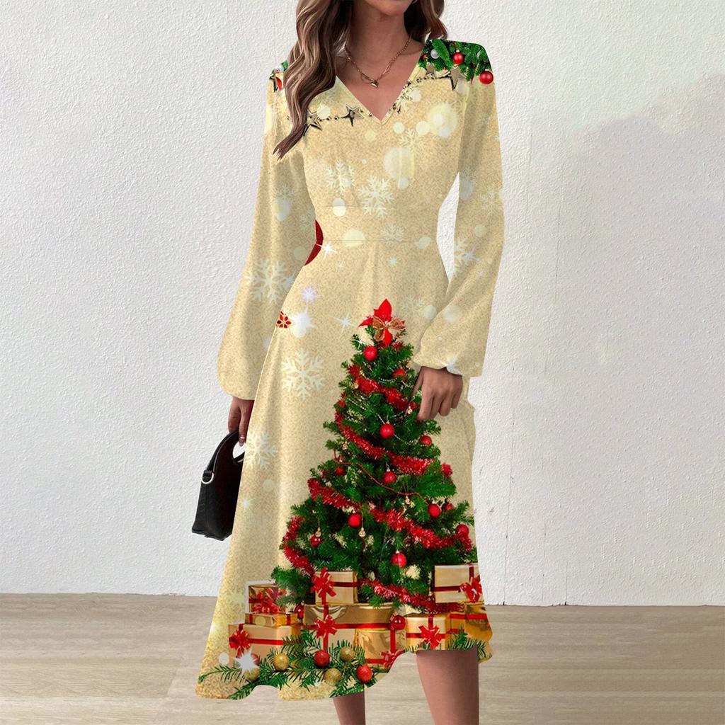 Женское осеннее и зимнее повседневное модное длинное платье с v-образным вырезом и длинным рукавом с принтом рождественской елки