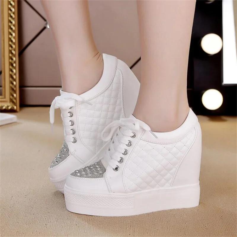 Fashion Women Sneakers Wedding Rhinestone Casual Platform Trainers White Mesh Shoes 11CM Heels Breathable Woman Height Increasing Shoes