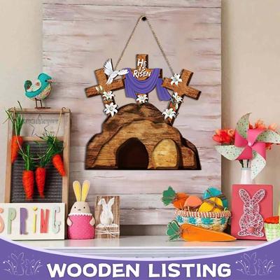 Пасхальный крест, дверной знак, настенный декор, Он воскрес, украшения, религиозная деревянная вешалка для входной двери, крыльца, дома, в помещении, на улице, на весенней стене, фронтонах