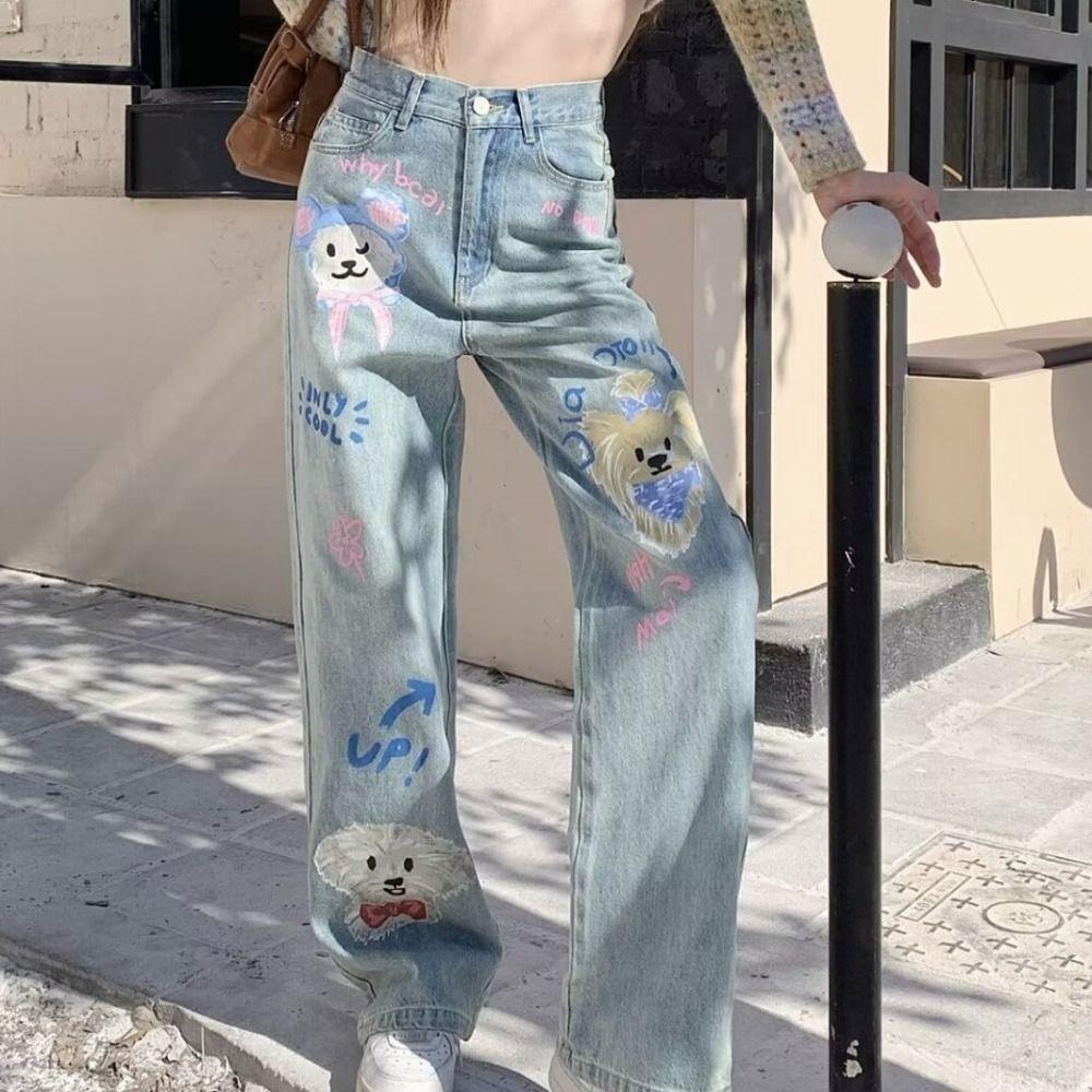 Прямые джинсовые брюки Ins Милые мультяшные ковбойские штаны Джинсы Харадзюку Женские Y2K Весна Осень