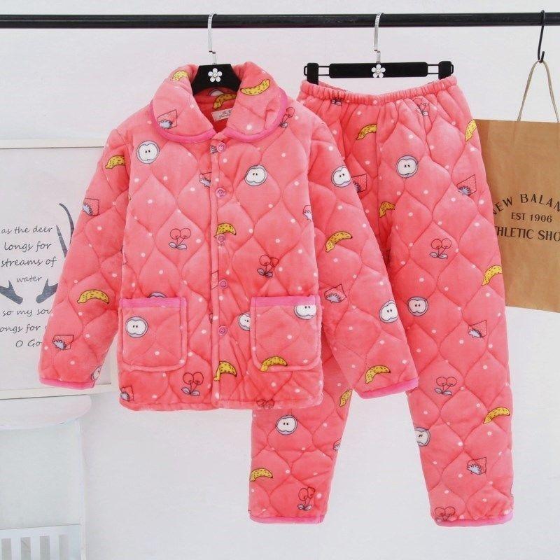 Утепленная пижама женская зимняя трехслойная коралловый флис с хлопковой подкладкой можно носить на улице, плюс милый комплект для дома