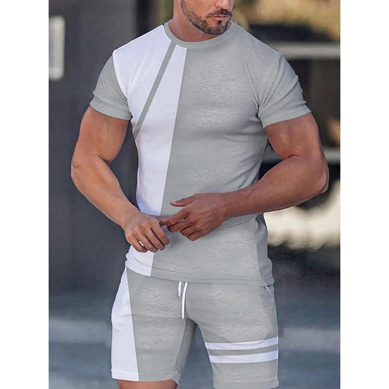 Patchwork Printing Mens 2 Pieces Casual Fashion T-shirt Set Workout Tracksuit Shirt And Shorts Set Sport Summer Outfit Sets