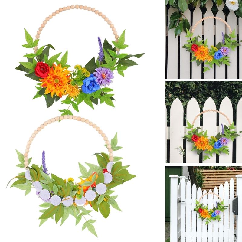 Spring Wreath for Front Door Farmhouses, Wood Bead Wreath with Artificial Flower Leaf, Spring Summer Wreath for Wedding