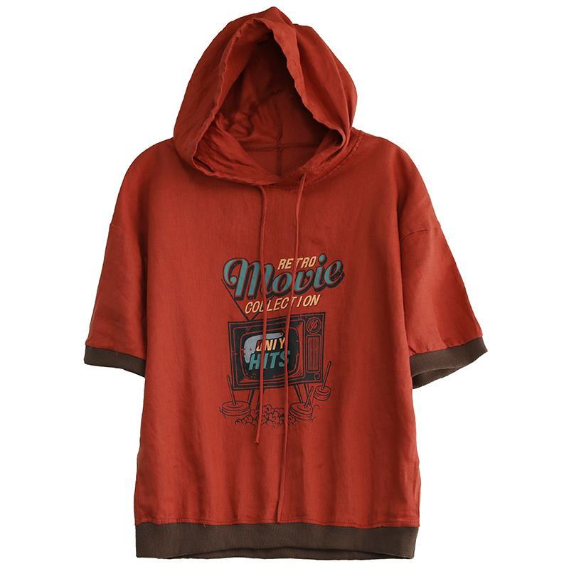 Футболки из хлопка с капюшоном и короткими рукавами, женские летние тонкие корейские принты, свободные, художественные, этнические, женские футболки