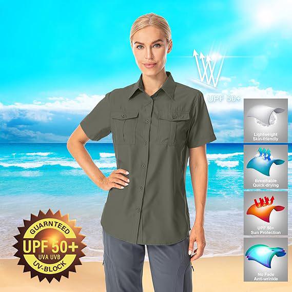 Женская летняя рубашка 2026 с коротким рукавом, быстросохнущая - Однотонная, с нагрудным карманом, дышащая, повседневная, для активного отдыха, европейский и американский стиль