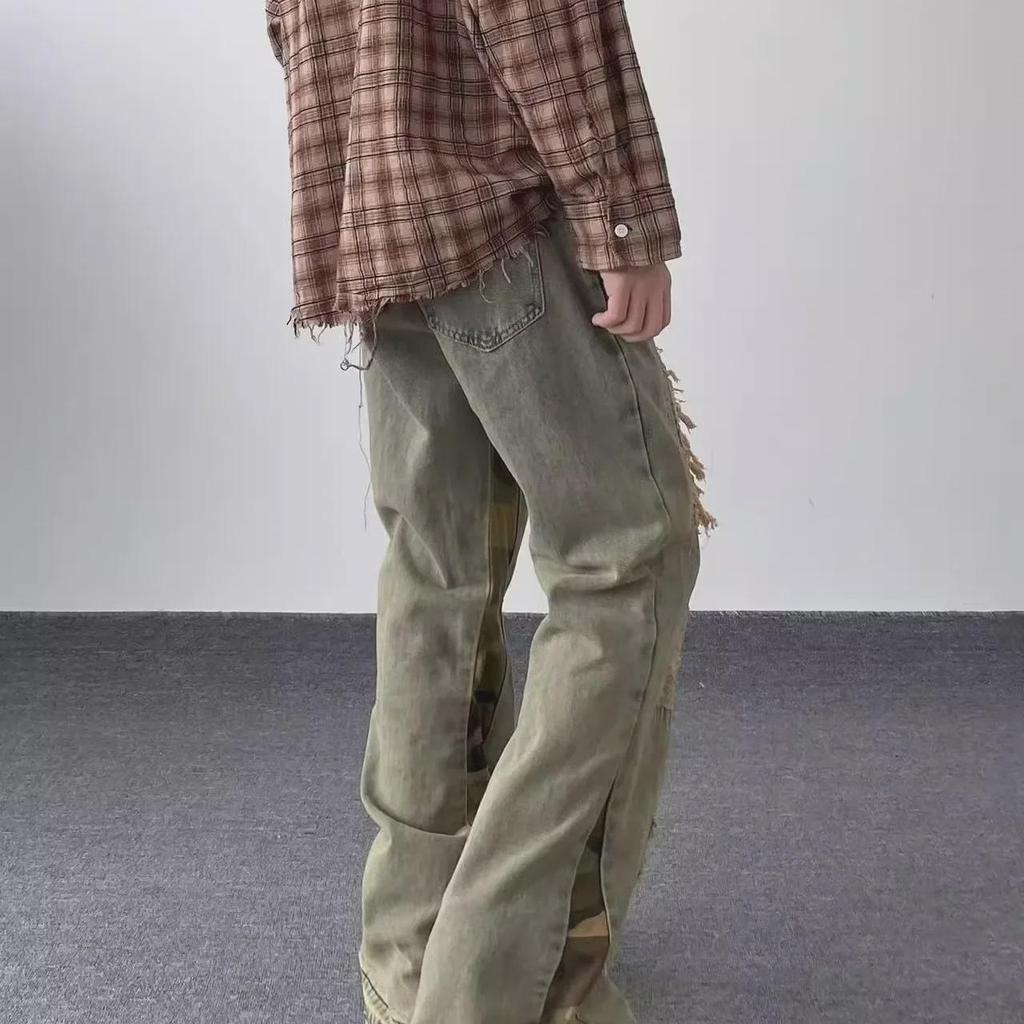 Расклешенные джинсы в стиле ретро с эффектом потертости и камуфляжа в стиле пэчворк для мужчин и женщин