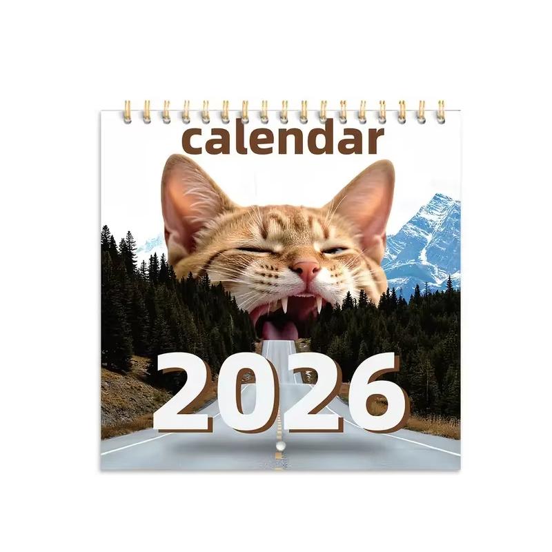 2026 Cat Themed Wall Calendar Amusing Cat Image with Mountain Road Great for Gifting & Adding Fun To Your Space