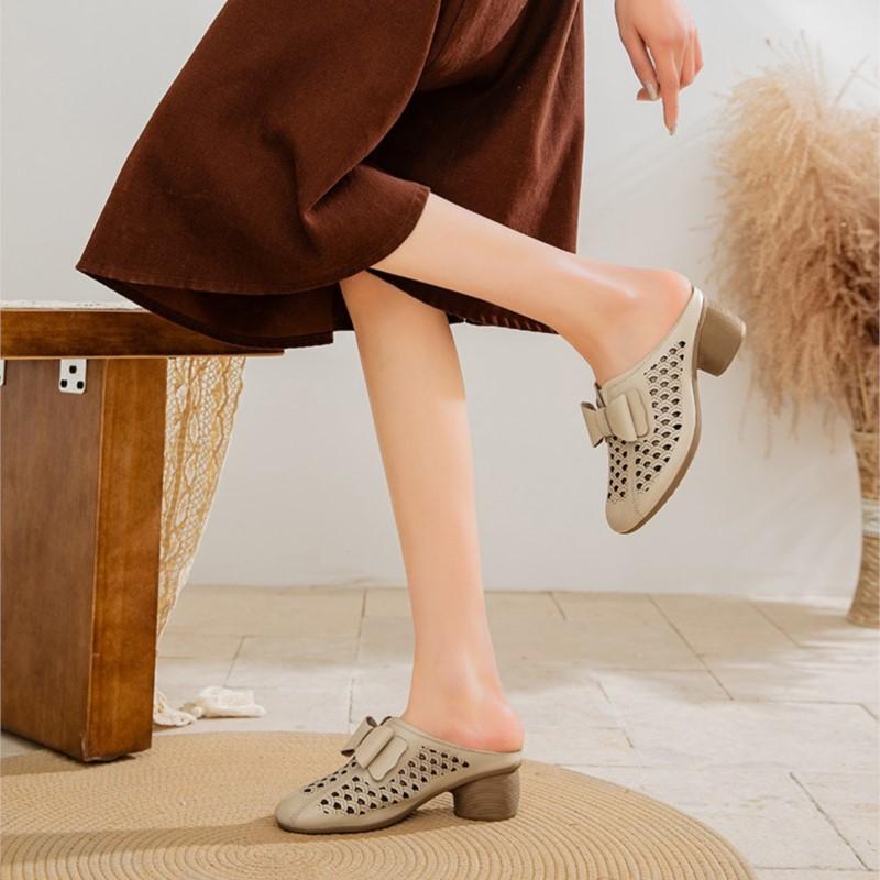 Johnature Женские тапочки из натуральной кожи с толстым каблуком и цветочным узором, с круглым носком, универсальная женская обувь