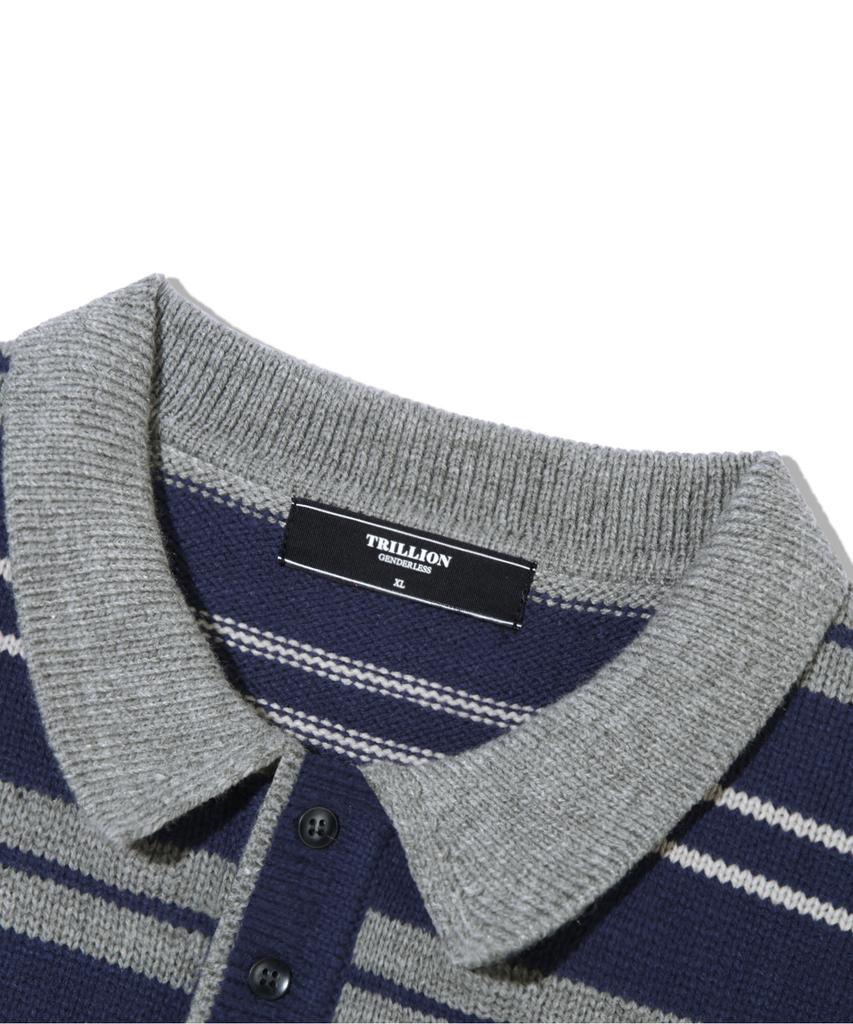 TRILLION Washable Striped Button Collar Neck Knit [Navy]