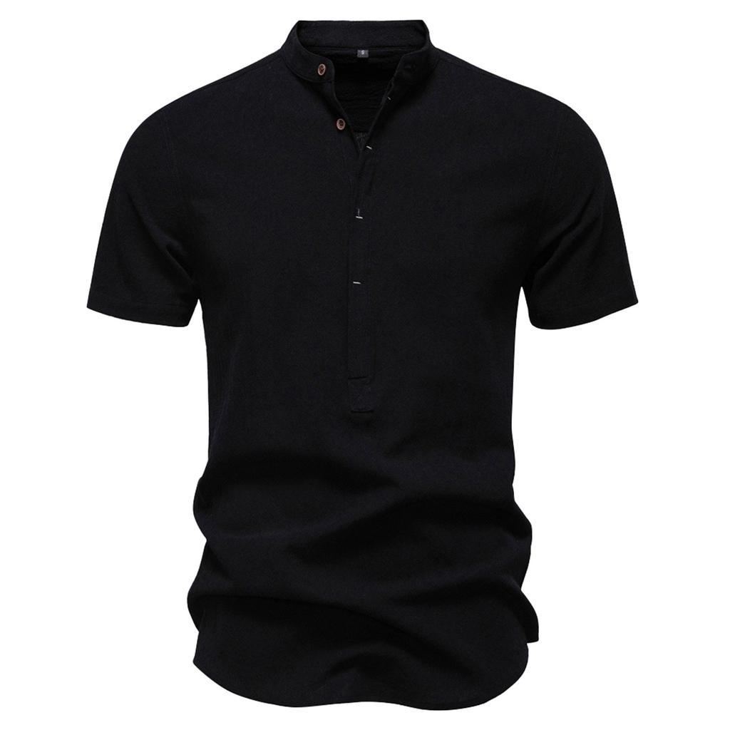 Men's Solid Color Cotton Linen Button Stand Collar Short Sleeve Top Men's Casual Breathable Tops