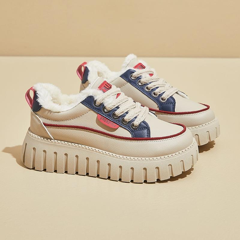 Winter Warm Chunky Platform Sneakers for Women Faux Fur Lining Walking Shoes Women's Casual Comfortable Fleece Lined Non-Slip Lace-Up Tennis Sneakers