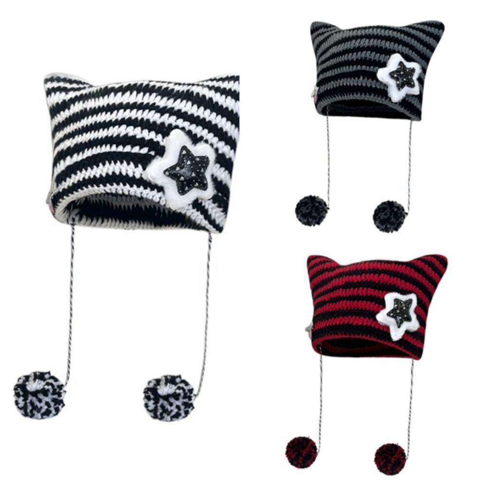 Шерстяная вязаная шапка-бини со звездами, шапка-кошка в стиле Y2K, модная шапка-пуловер для девушки