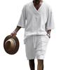 Anmurye Summer Tracksuit Short Sleeve and Casual Oversized Adjustable Solid White L Men's Set, T-Shirt Shorts, V-Neck, Fit, Comfortable, Waist, Color,