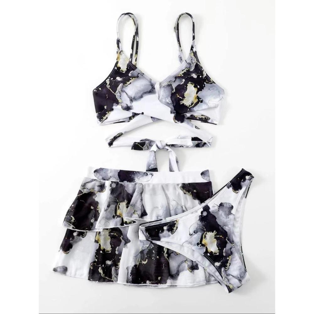 Three Pieces Marble Print Halter Micro Triangle Bikini Swimsuit Women Beach Skirt Swimwear Summer Beach Bathing Suit Bikini Set