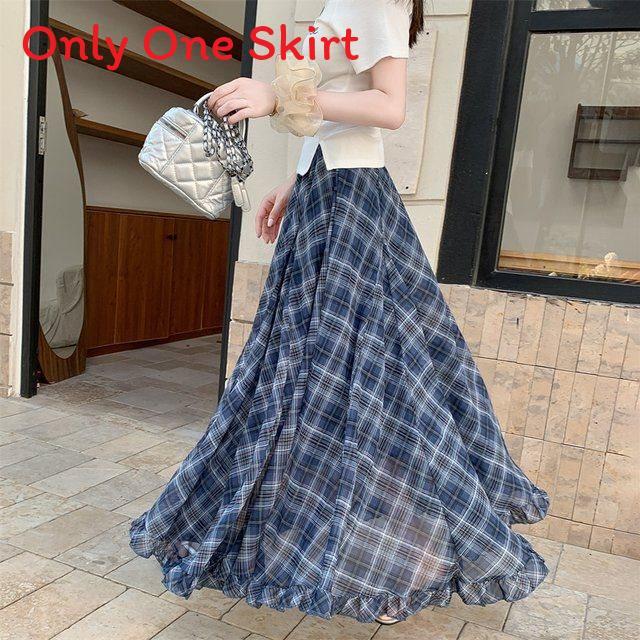 Long Vintage Check Plaid Chiffon Skirt With Asymmetric Hem For Summer Casual Women