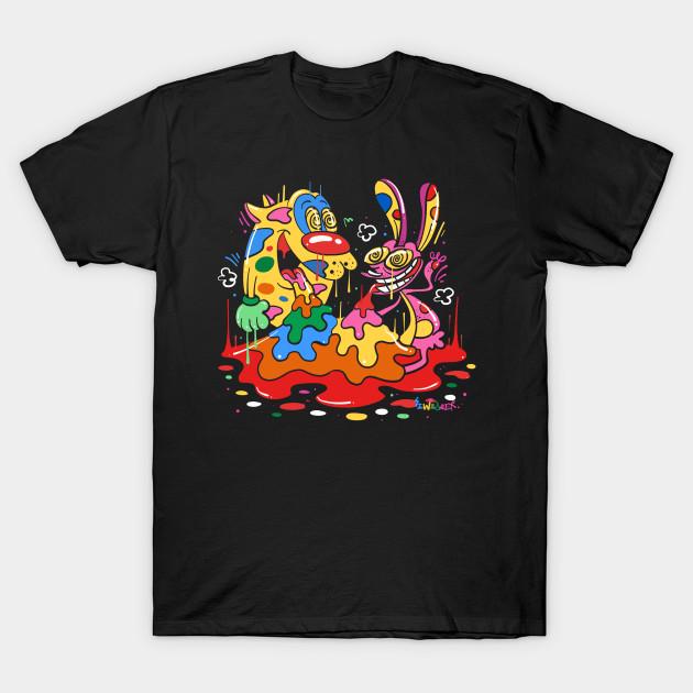 Asian Size Men Black Print T-shirt Ren And Stimpy No-Cut Heat Transfer Print Cotton Tshirt