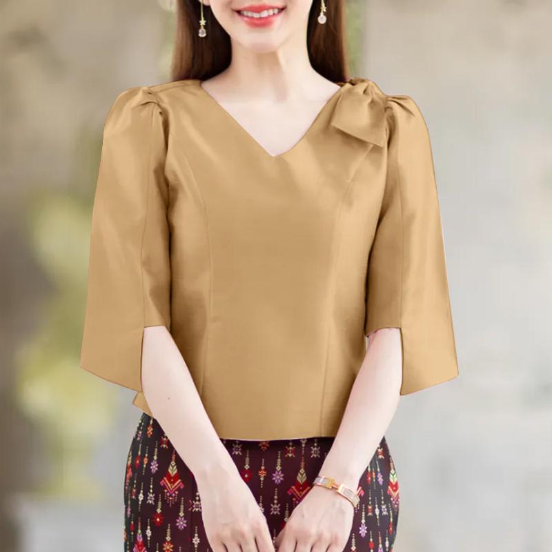 ZANZEA Женская летняя свободная повседневная блузка с V-образным вырезом и рукавом 3/4