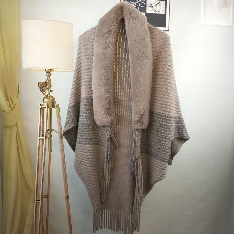 Winter Tassels Poncho Cloak Shawl Oversize Women Warm Faux Fur Collar Knit Cardigans Batwing Wraps Neck Fur Scarves Capes Coat