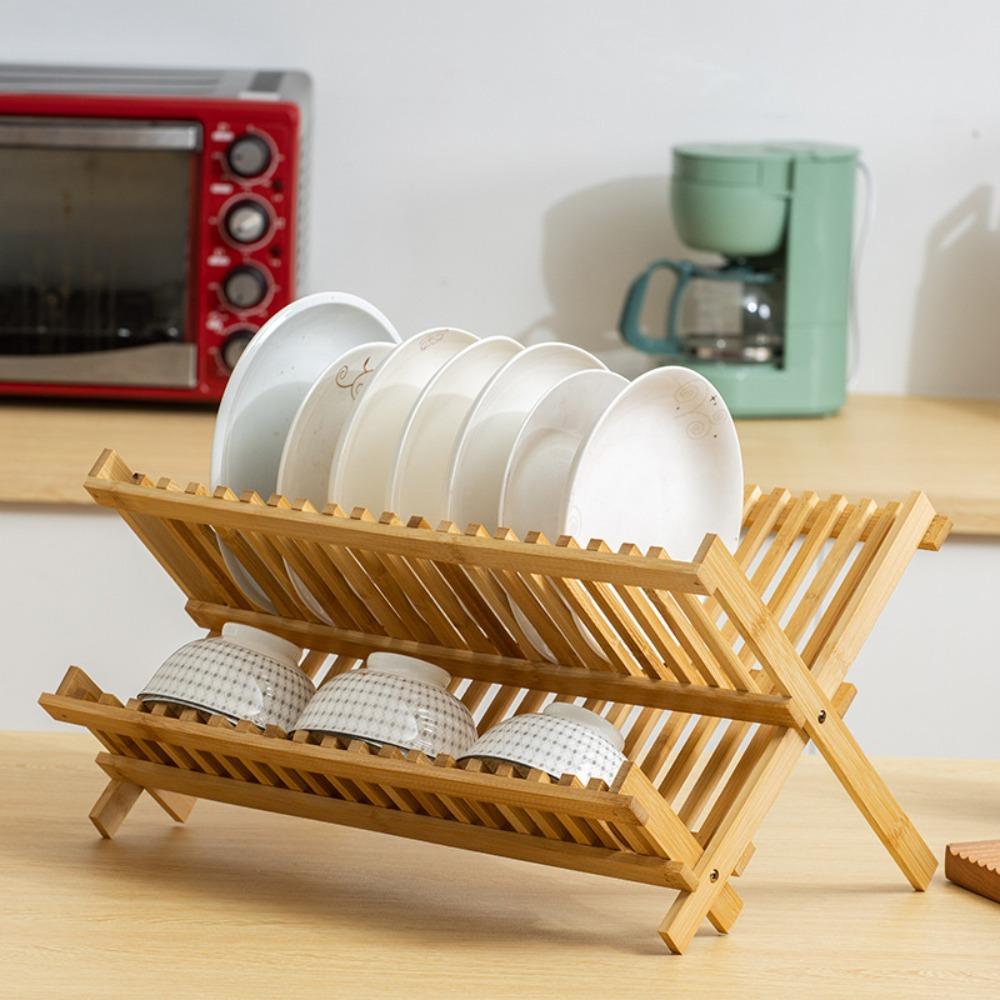 2 Tier Dish Drying Rack Natural Drying Holder Kitchen Organizer Folding Dish Rack  Kitchen