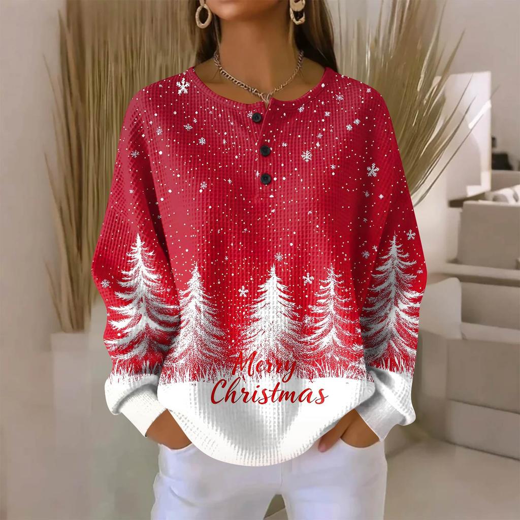 Women's Fashionable Casual Christmas Print V-Neck Long-Sleeved Button-Down Blouse