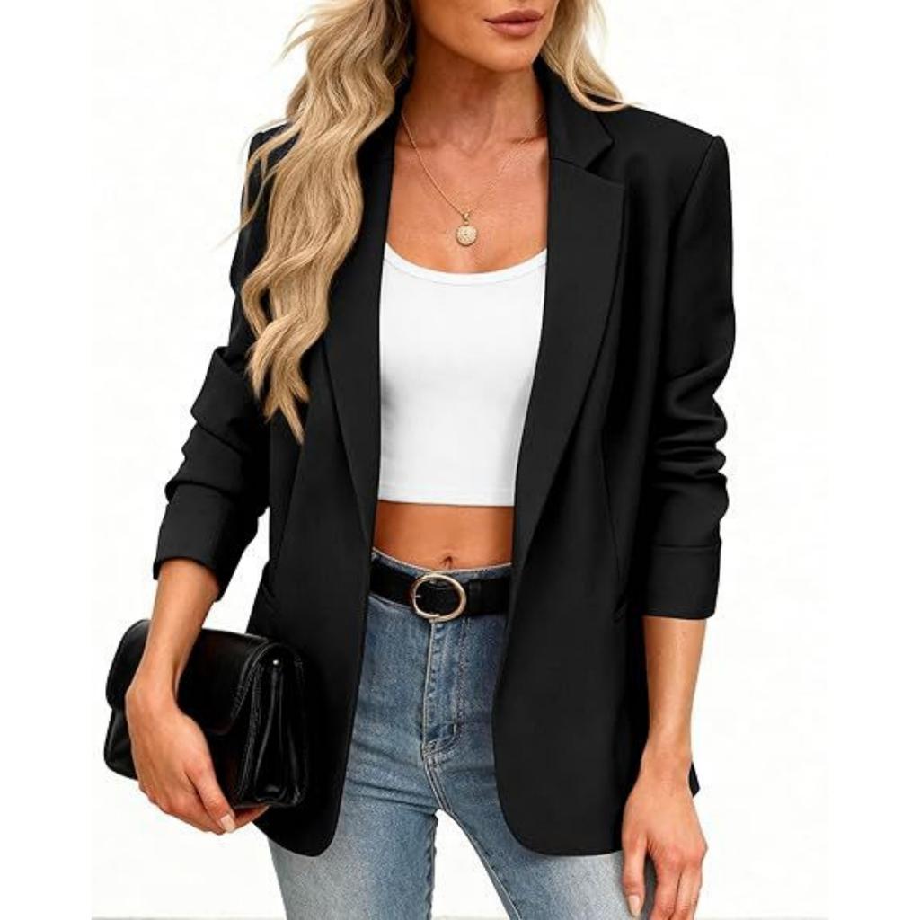 Женская блейзер-куртка в стиле business casual с длинным рукавом и отложным воротником для работы