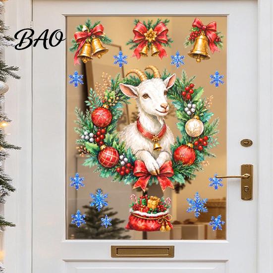 Holiday Glass Decals Christmas Sheep Static Window Clings, Decorative 2027 Wreath Lamb Stickers with Festival Home Decoration Snowflakes And