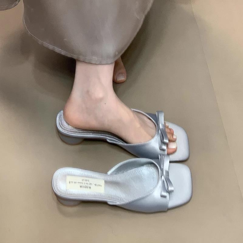 Fashion 2025 New Slipper Mules Low High Heels Shoes Summer Best Street Look Females Square Head Open Toe Bow Strappy Sandals Women