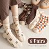 6 Pairs of Spring Summer Women Is Medium Socks Hose Khaki Vintage Flower Diamond Plaid Stripe Sweet and Comfortable