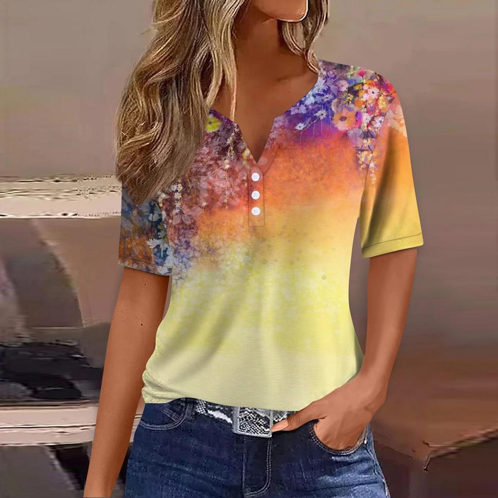 Women's T Shirt Tee Print Button Short Sleeve Daily Weekend Fashion Basic V- Neck Regular Top
