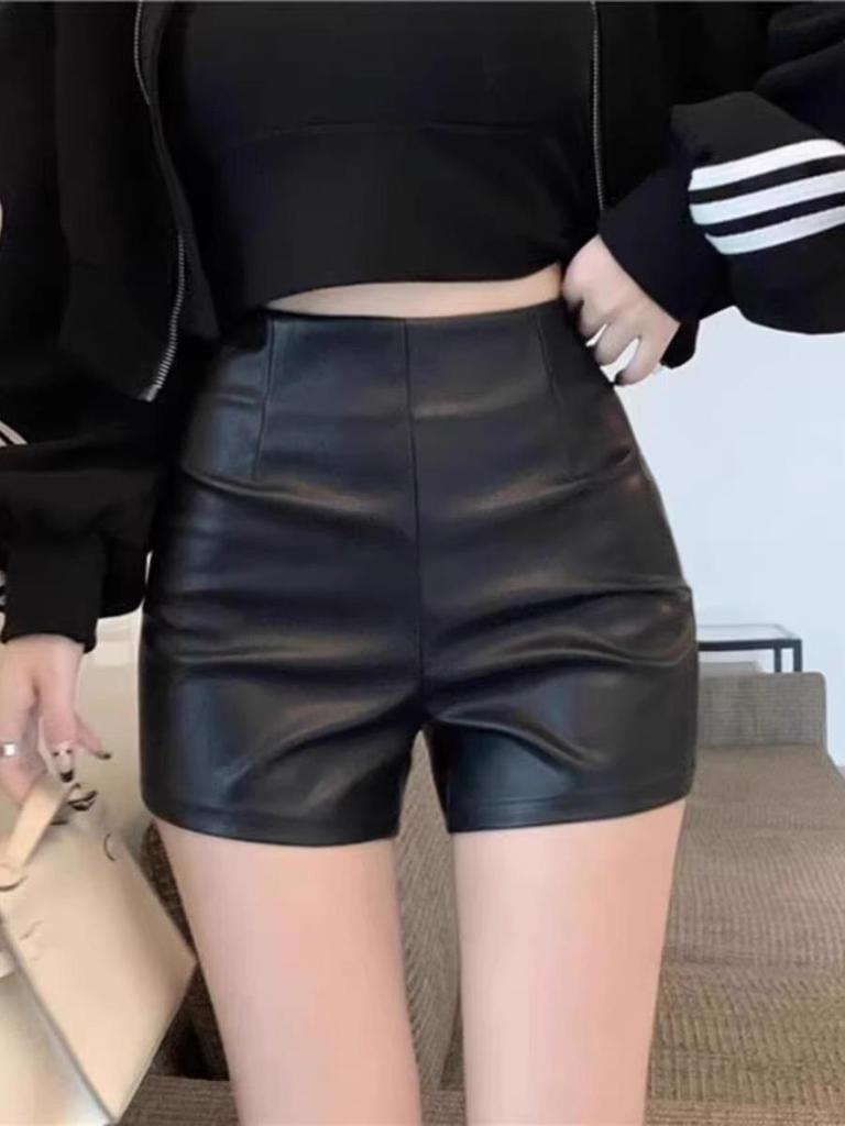Women's A-Line PU Leather Shorts - Slim Fit, Sexy Korean Style, Perfect for Fall/Winter 2023.