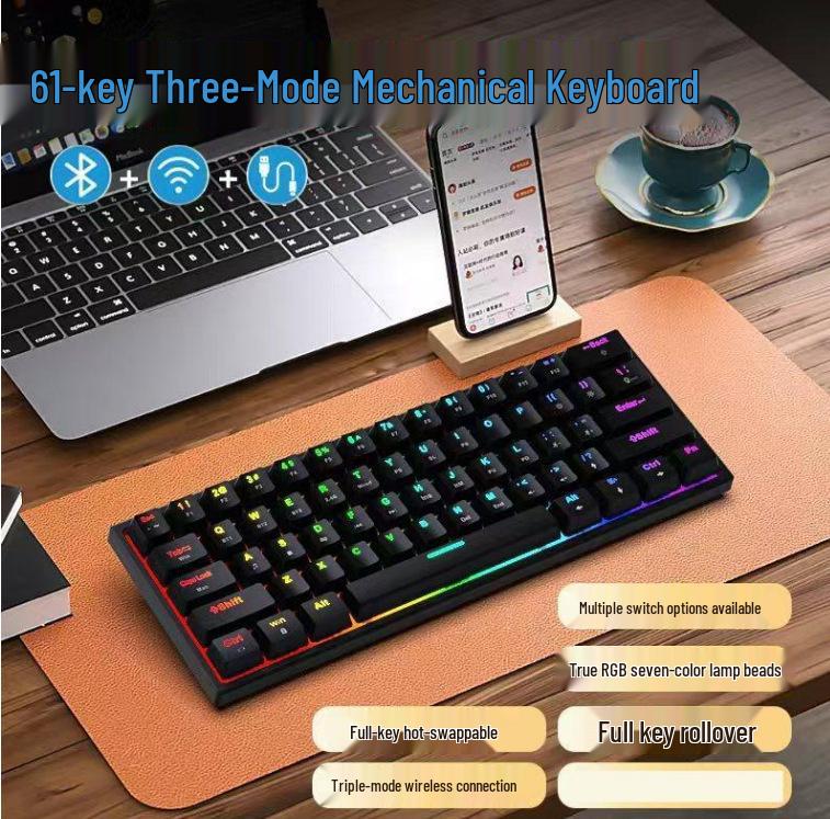Беспроводная RGB Bluetooth механическая клавиатура на 68 клавиш, трехрежимная, с возможностью горячей замены, для компьютеров и игр.