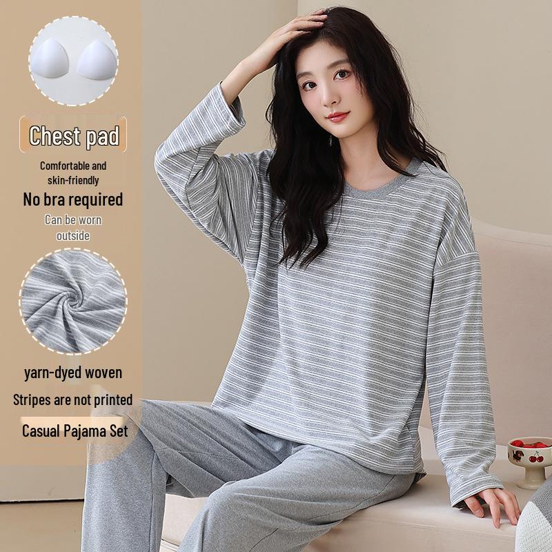Женская осенняя пижама с круглым вырезом, в полоску, с длинным рукавом и нагрудными вкладышами - Повседневный комплект больших размеров для дома и улицы