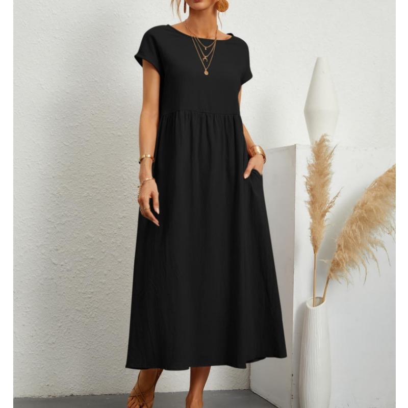 QICED Fashion Summer Spring Solid Color Print Short Sleeve O-Neck Casual Dresses
