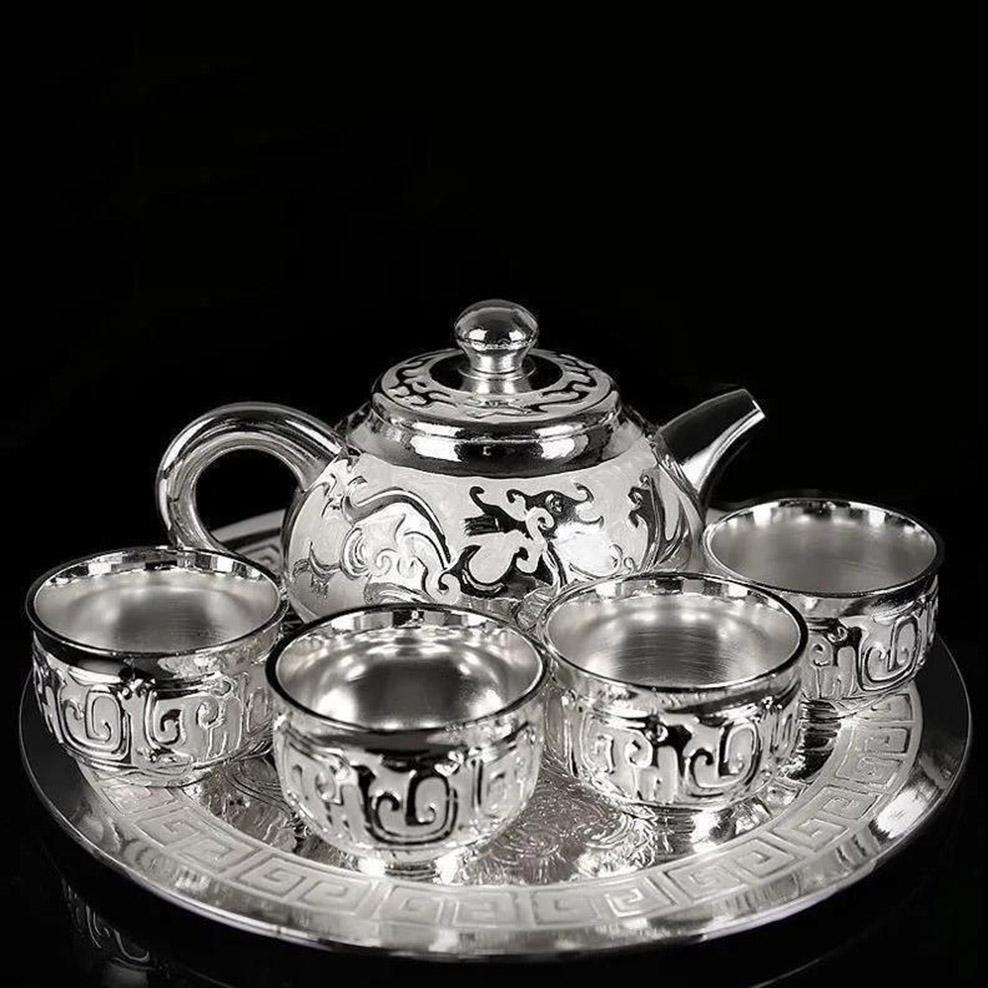 6-piece Set, Chinese Dragon Totem Tea Set, S999 Silver Teapot Tea Cup with Tray, Retro Silver Plated Tea Set, Home Ornaments