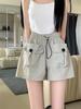 Summer 2024 Women's Gray High-Waisted Wide-Leg Casual Shorts with Double Pockets and Drawstring