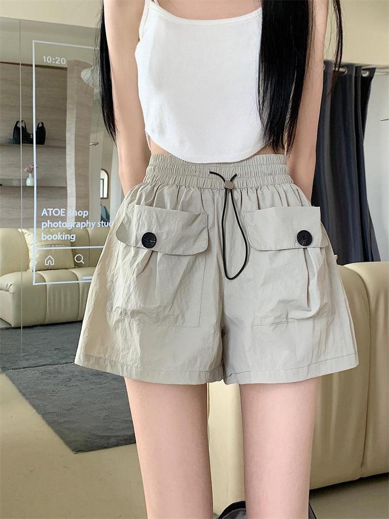 Summer 2024 Women's Gray High-Waisted Wide-Leg Casual Shorts with Double Pockets and Drawstring