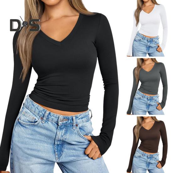 Women Bottoming Shirt Cotton Long Sleeve V-Neck Slim Fit T-shirt Stretchy Solid Color Thin Top for Daily Wear Dating Work
