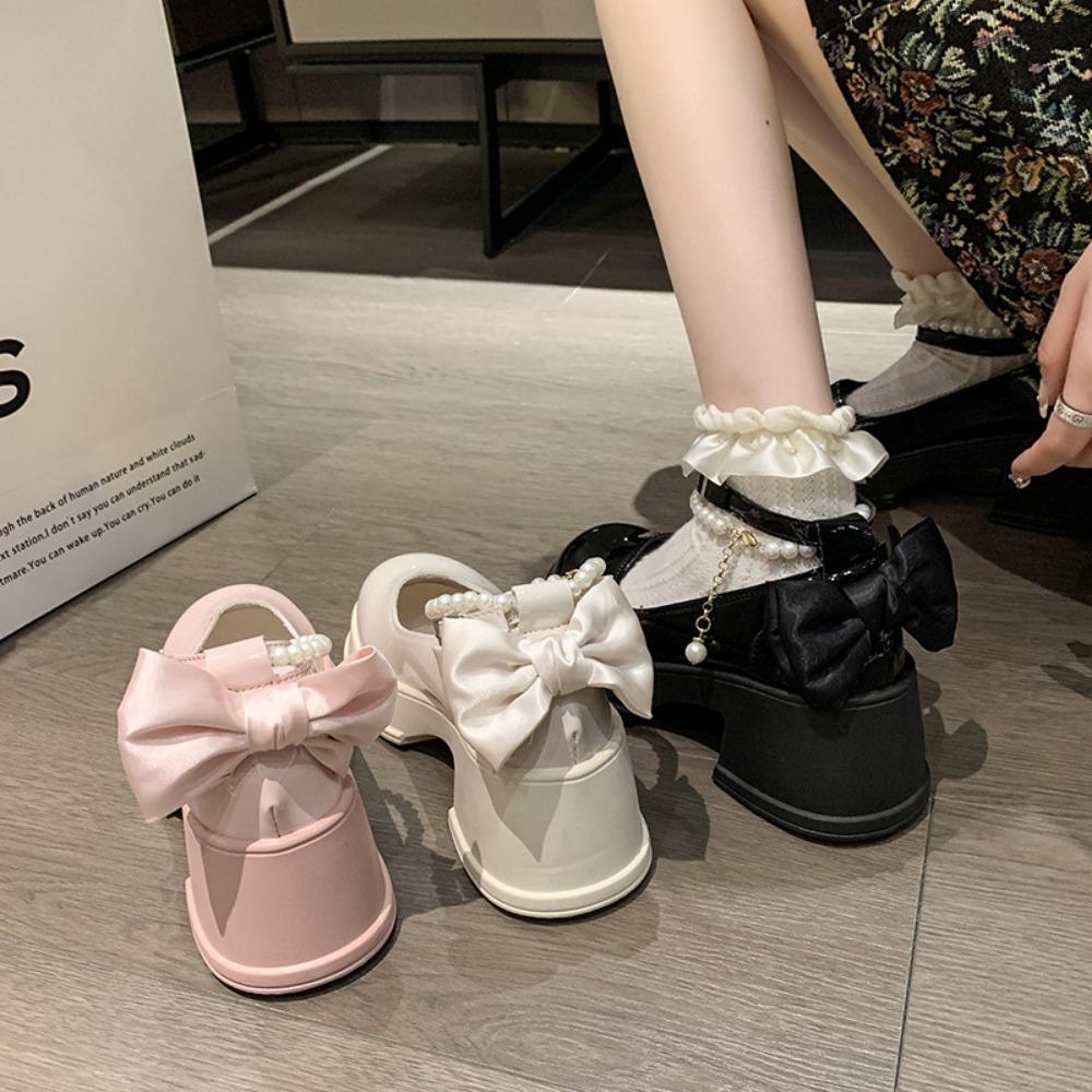 Fashion Pink Beaded Mary Jane Shoes Women's High-heeled Shoes Spring Autumn Wear Round Toe Shallow Sakura Pink Jk Uniform Platform Shpes