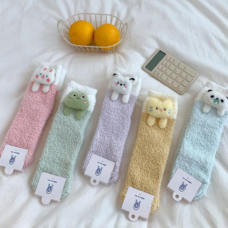 Милые носки с героями мультфильмов, женские осенне-зимние толстые теплые носки для сна, коралловые бархатные теплые носки Лолита Кавайи, рождественские подарки