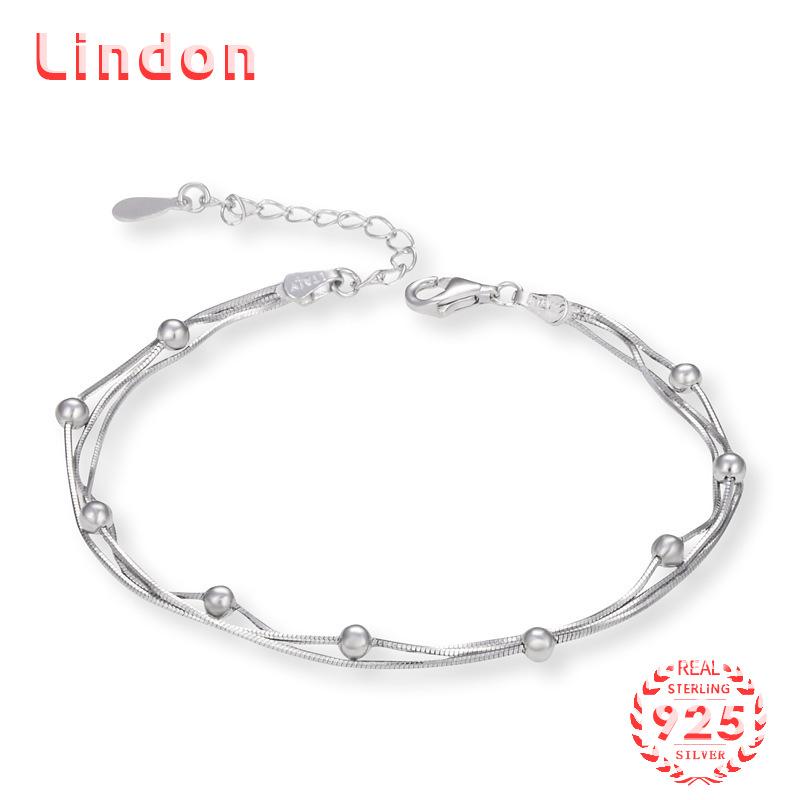 Lindon Women Zircon 925 Sterling Silver Jewelry Geometric Bead Chain Link Bracelet Fashion Fine Wedding Gift for Girlfriend