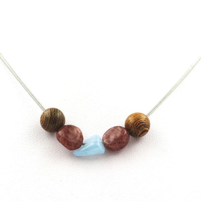 Stones and Minerals. 8mm Wooden Bead Necklace + Brazilian Ruby + Brazilian Aquamarine Stainless Steel Chain.