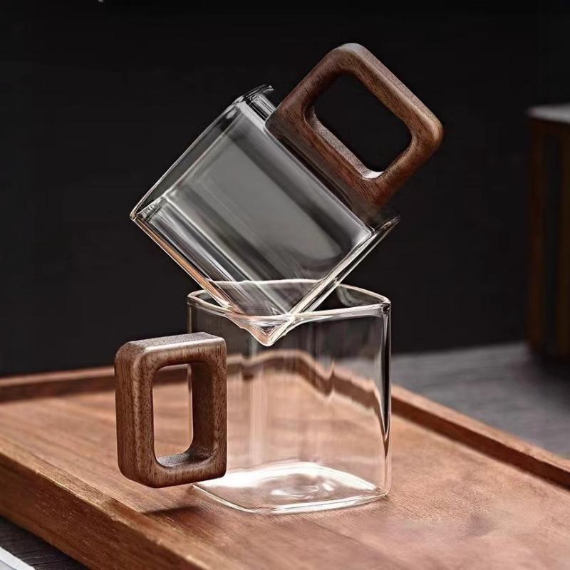 Небольшая емкость для свежемолотого кофе, стеклянная кофейная кружка с ручкой из орехового дерева, чашки и кружки для домашнего завтрака, чая с молоком, посуда для напитков