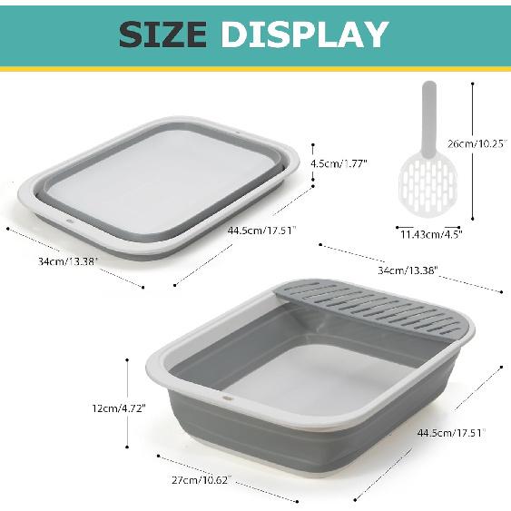 Складной лоток для кошек, большой, с регулируемой высотой, открытый, с защитой от разбрызгивания, для котят, легко чистится, с совком (Серый)