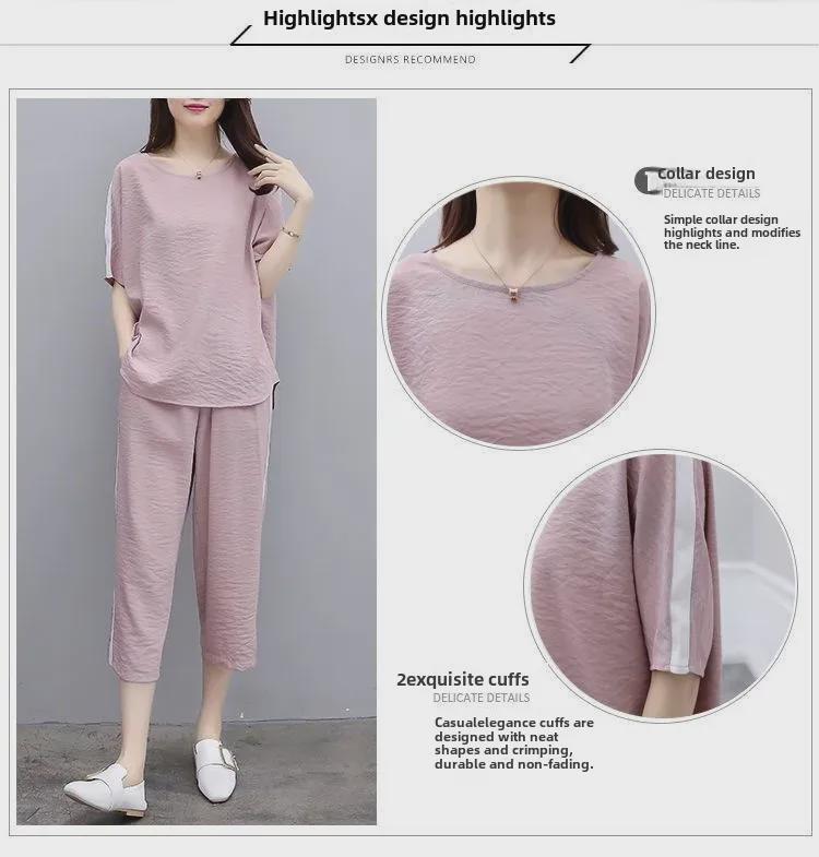 Корейский женский повседневный костюм-двойка больших размеров - Летняя коллекция, свободный крой, короткие рукава с укороченными брюками