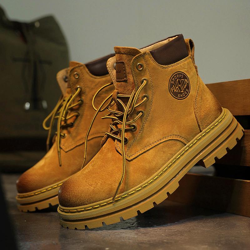Ботинки из ревеня ботинки Мартина весенне-осенние мужские кожаные ботинки 2025 новые увеличивающие рост на толстой подошве рабочие короткие ботинки
