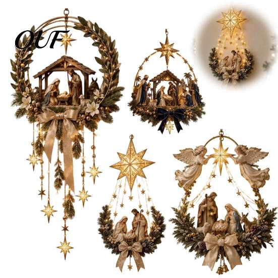 Indoor Christmas Party Ornament Lighted Nativity Door Swag, Bethlehem Star of Faith Wall Decor, Light-up Holy Retro Decoration Family Hanging