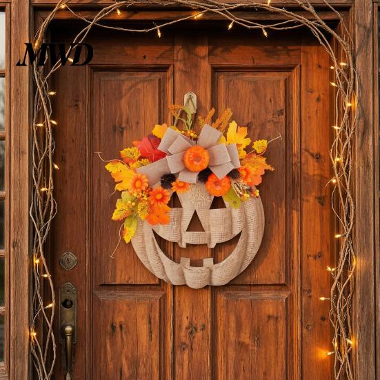 Thanksgiving Wreath for Home Decor Wooden Pumpkin Halloween Door Sign with LED Lights, Artificial Floral Hanging Autumn Flowers Wall Ornament