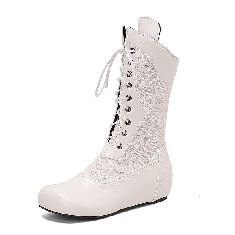 Мода 2025 Дизайн Сапоги до середины икры для женщин Круглый носок Внутренний каблук Шнуровка Большой размер 48 49 50 Модные ботильоны для свиданий