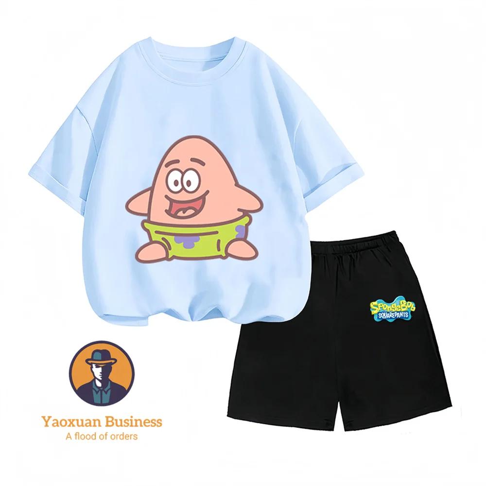 Hot Sale Summer Kidswear Pure Cotton SpongeBob SquarePants Anime Printed Round Neck Casual Two Piece Set