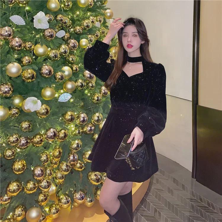 Платье средней длины из красного бархата для женщин — элегантный рождественский и зимний дизайн